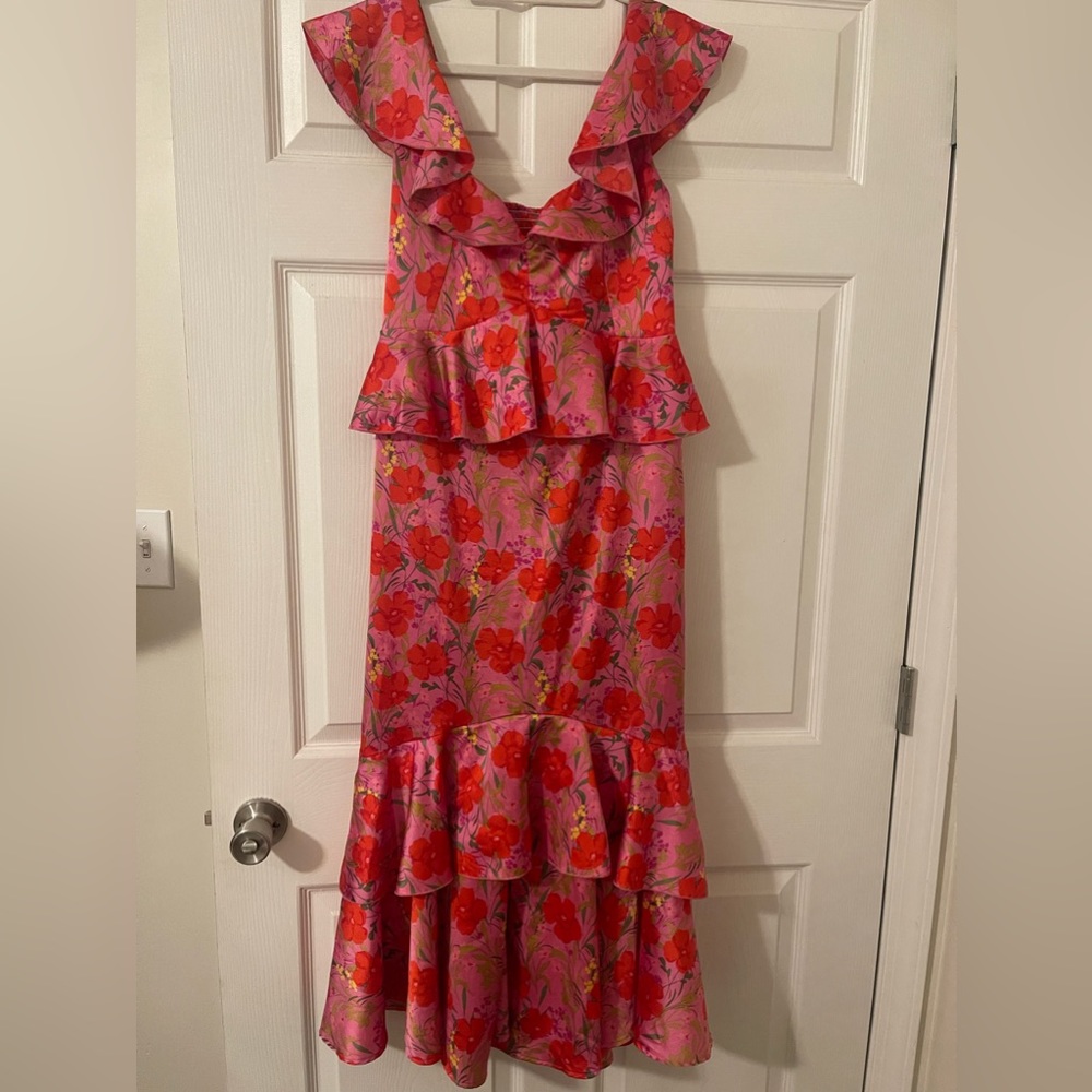 Show Me Your MuMu Pink & Red Floral Ruffled Midi Dress